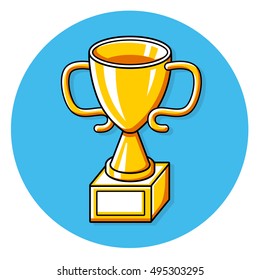Golden trophy cup round icon.