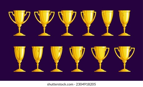 Golden trophy cup sequence, animation sprite sheet. Vector turn around movement of gold goblet, winner appreciation, prize for victory and achievement. First place award in sport or game ui element