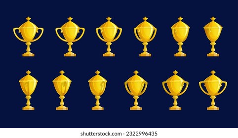 Golden trophy cup sequence, animation sprite sheet. Cartoon vector gold winner goblet turn around animated rotation frame. Turning game ui gui yellow glossy assets for user interface, isolated bonus