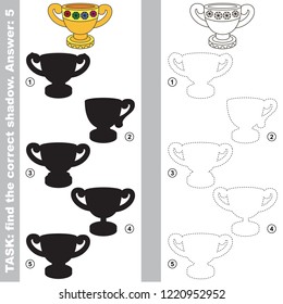 Golden Trophy Cup set to find the correct shadow, the matching educational kid game to compare and connect objects and their true shadows, simple gaming level for preschool kids.