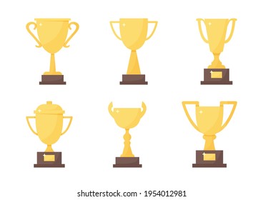 Golden trophy cup set, vector sport award, champion icon isolated on white background. Winner illustration