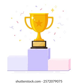 The golden trophy cup sits on the winner's podium, Prizes for the champions, Symbol of victory, Winner concept, Winning business or sport game concept flat vector illustration.