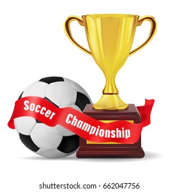 Golden trophy cup with soccer ball and red banner isolated on white background. Vector realistic illustration