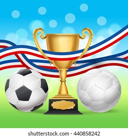 golden trophy cup and soccer balls with french flag on blurry green and blue background. vector illustration