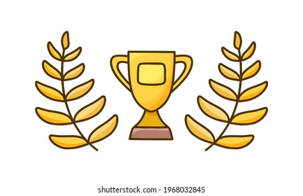 Golden trophy cup with sprigs of laurel. Color doodle icon. Hand drawn simple illustration for winner prize. Cartoon isolated vector image on white background