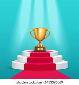 Golden trophy cup stand on round award pedestal with red carpet realistic style, vector illustration on blue background. Reward prize on ceremony podium under spotlights