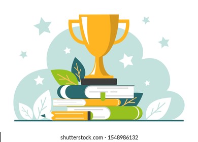 Golden trophy cup standing on the book stack vector isolated. Achievement in education, study award. Success celebration.