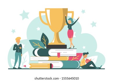 Golden trophy cup standing on the book stack vector isolated. Achievement in education, study award. Success celebration. People learning with books.