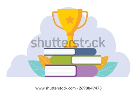 Golden trophy cup standing on the books. Business goal, idea. Victory concept