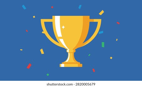 Golden trophy cup stands victoriously in the center against a blue background with colorful falling confetti pieces.