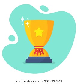 Golden trophy cup with star in a flat design. Award winners trophy cup with shadow