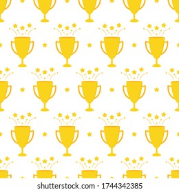La copa trofeo dorado y las estrellas vectan un fondo de patrón sin fisuras. Victoria, ganador, trasfondo de concepto de éxito.