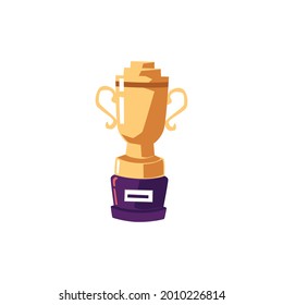 Golden Trophy cup with stone base and handles, flat cartoon vector illustration isolated on white background. Sportive or business award cup icon or symbol.