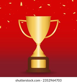 Golden Trophy Cup surrounded by falling Confetti, on Red Background. Champion and Winning Concept. Vector Illustration.