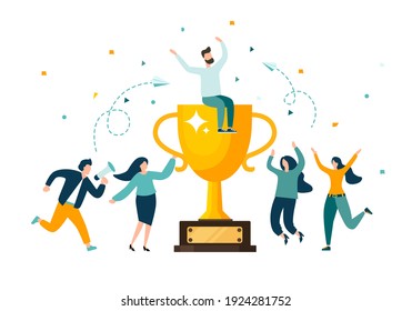 Golden trophy cup, symbol of victory, team celebrating victory. Modern flat style vector illustration.