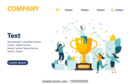 Golden trophy cup, symbol of victory, team celebrating victory. Modern flat style vector illustration. web banner, mobile website, Landing Page Template.