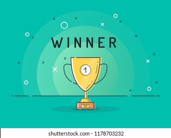 Golden trophy cup. Trendy flat vector on green background. Vector Illustration. 