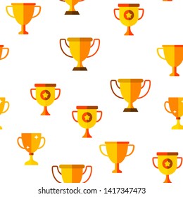 Golden Trophy Cup Vector Color Icons Seamless Pattern. Competition Trophy, Contest Award Linear Symbols Pack. Success, Victory Metaphor, Sports Achievement, Career Goal. Illustration