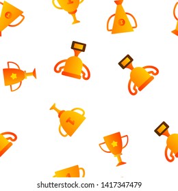 Golden Trophy Cup Vector Color Icons Seamless Pattern. Competition Trophy, Contest Award Linear Symbols Pack. Success, Victory Metaphor, Sports Achievement, Career Goal. Illustration
