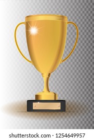 Golden trophy cup, vector icon on transparent background. First place championship prize. Vector illustration EPS10