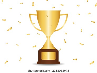 Golden Trophy Cup. Winner Cup Award with falling Confetti on White Background. Champion and Winning Concept Vector Illustration.