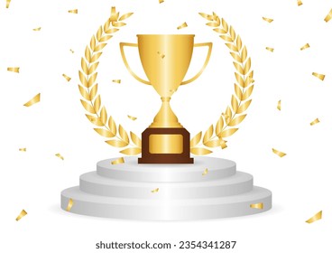 Golden Trophy Cup. Winner Cup Award on Stage Podium. Winner Podium. Champion and Winning or Celebration Concept. Vector Illustration.