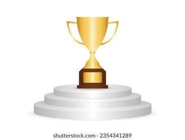 Golden Trophy Cup. Winner Cup Award on Stage Podium. Winner Podium. Champion and Winning or Celebration Concept. Vector Illustration.