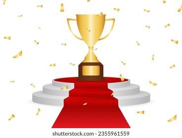 Golden Trophy Cup or Winner Cup Award on Stage Podium with Red Carpet. Winner Podium. Champion and Winning or Celebration Concept. Vector Illustration.