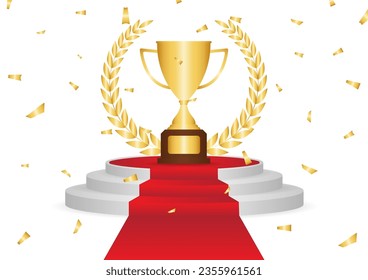 Golden Trophy Cup or Winner Cup Award on Stage Podium with Red Carpet. Winner Podium. Champion and Winning or Celebration Concept. Vector Illustration.