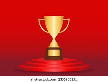 Golden Trophy Cup or Winner Cup Award on Stage Podium. Winner Podium. Champion and Winning or Celebration Concept. Vector Illustration.