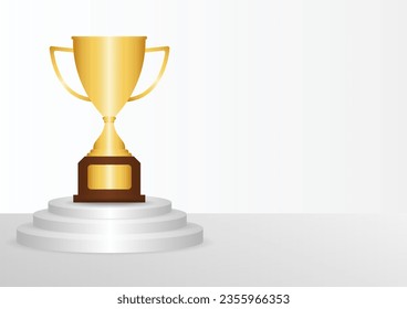 Golden Trophy Cup or Winner Cup Award on Stage Podium. Winner Podium. Champion and Winning or Celebration Concept. Vector Illustration.