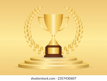 Golden Trophy Cup or Winner Cup Award on Stage Podium in Golden Background. Winner Podium. Champion and Winning or Celebration Concept. Vector Illustration.
