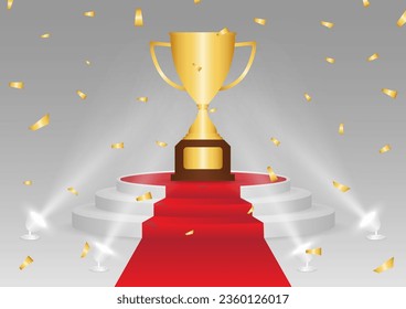 Golden Trophy Cup or Winner Cup Award on Stage Podium Illuminated with Spotlights.. Champion and Winning or Celebration Concept. Vector Illustration.