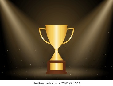 Golden Trophy Cup. Winner Cup Award on Stage illuminated by Spotlight. Champion and Winning Concept Vector Illustration.