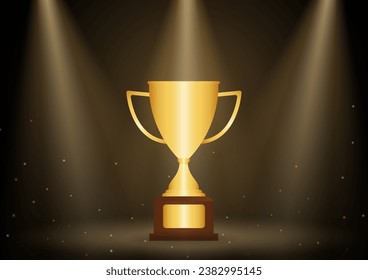 Golden Trophy Cup. Winner Cup Award on Stage illuminated by Spotlight. Champion and Winning Concept Vector Illustration.