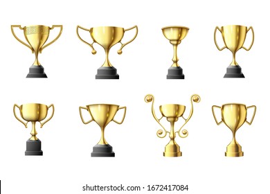 Golden trophy cup. Winners trophy, first place glossy gold cups and win sports prize vector illustration set. Cup gold for award and trophy championship, achievement competition