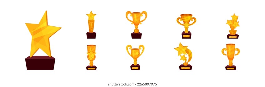 Golden Trophy Cups and Award of Different Shape Vector Set