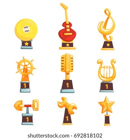 Golden trophy cups, awards and achievements set of cartoon vector Illustrations