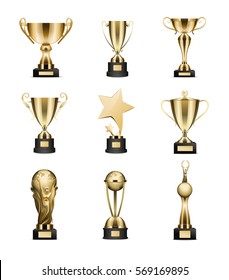 Golden trophy cups collection isolated on white. Trophy deep round cups with and without lids, award in shape of star and planet hold by people. Vector poster of best competition achievements