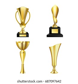 Colección de tazas de trofeo dorado aislada en blanco. Conjunto de trofeos dorados. Hermosas tazas de trofeo dorado y galardones de diferentes formas realistas aislados en ilustración vectorial de fondo blanco. 