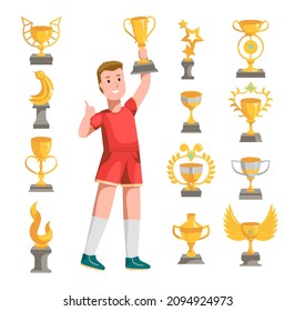 Golden trophy cups of different shape for sports or competitions cartoon vector illustration set. Happy winner getting gold trophy in reward. Prize award, championship concept