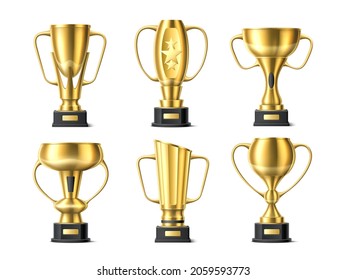 Golden trophy cups. Isolated 3D prizes. Modern