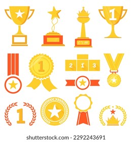 Golden trophy cups and golden medals for success and achievements. A set of trophies for victory win at a contest or competition.