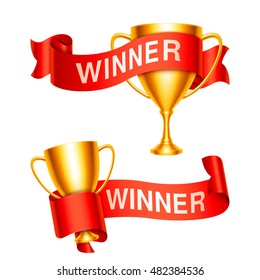 Golden trophy cups and ribbons with Winner text