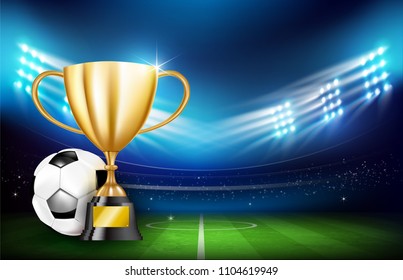 Golden trophy cups and Soccer ball football stadium greeen grass field with spot light at night time vector illustration, with copy space