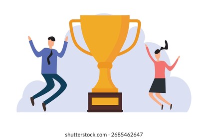 Troféu de ouro exibido entre duas pessoas celebrando a vitória. Adequado para o conceito de sucesso, realização, trabalho em equipe, competição, reconhecimento, prêmios e realizações