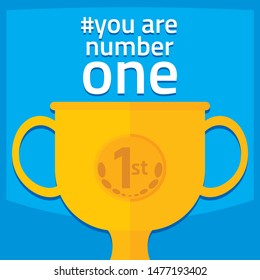 Golden trophy for first place over light blue background. You are number one banner