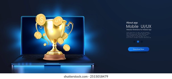 Golden trophy with floating coins displayed on a laptop screen, symbolizing financial success, online achievements, or digital awards. Success achievement. Vector illustration