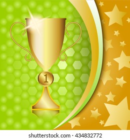 Golden Trophy and football background with hexahedron and stars. Vector Illustration