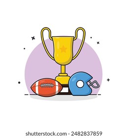 Golden Trophy with Football and Helmet Vector Illustration. Sports Concept Design